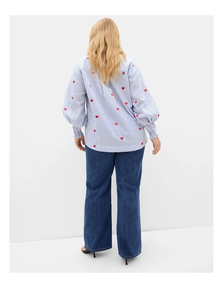 Plus Size Stripe Heart Print Cotton Shirt in Blue image 2