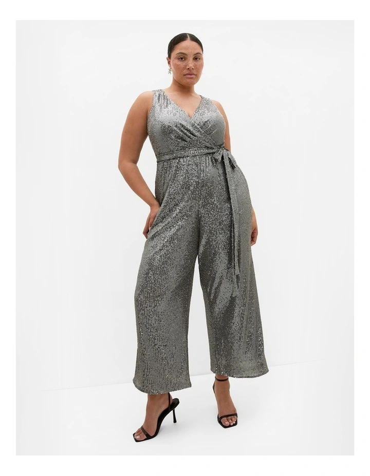 Plus Size Dazzling Sequin Wide Leg Jumpsuit in Gunmetal image 1