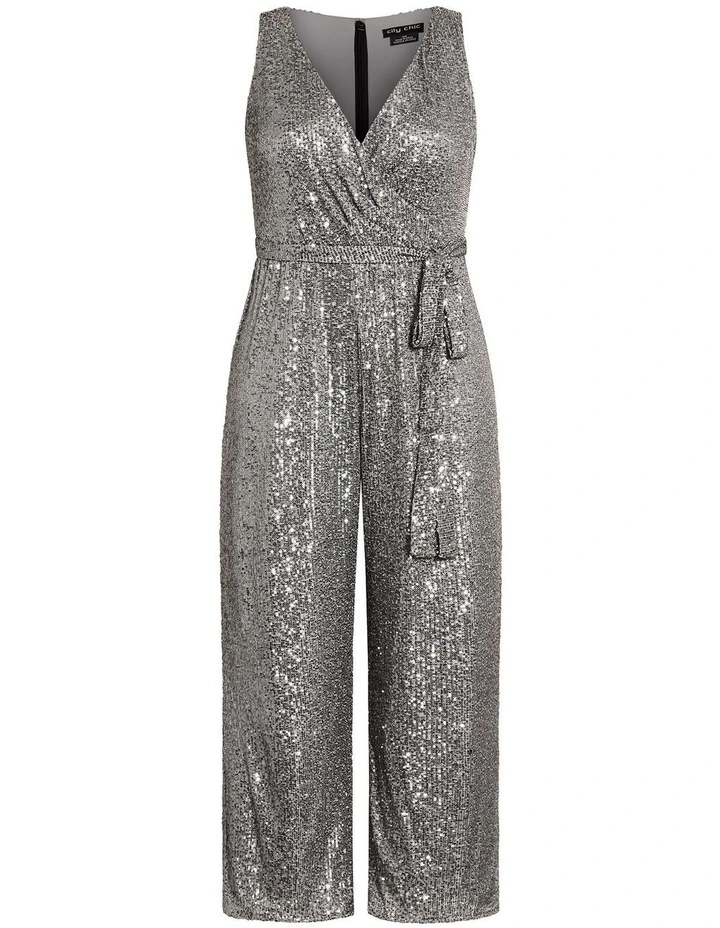 Plus Size Dazzling Sequin Wide Leg Jumpsuit in Gunmetal image 3