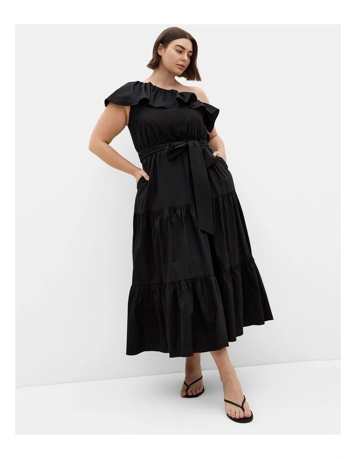 Plus Size Farrah One Shoulder Ruffle Dress in Black image 1