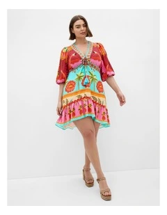 Plus Size Cabana Print Ruffle Mini Dress in Aqua Multi