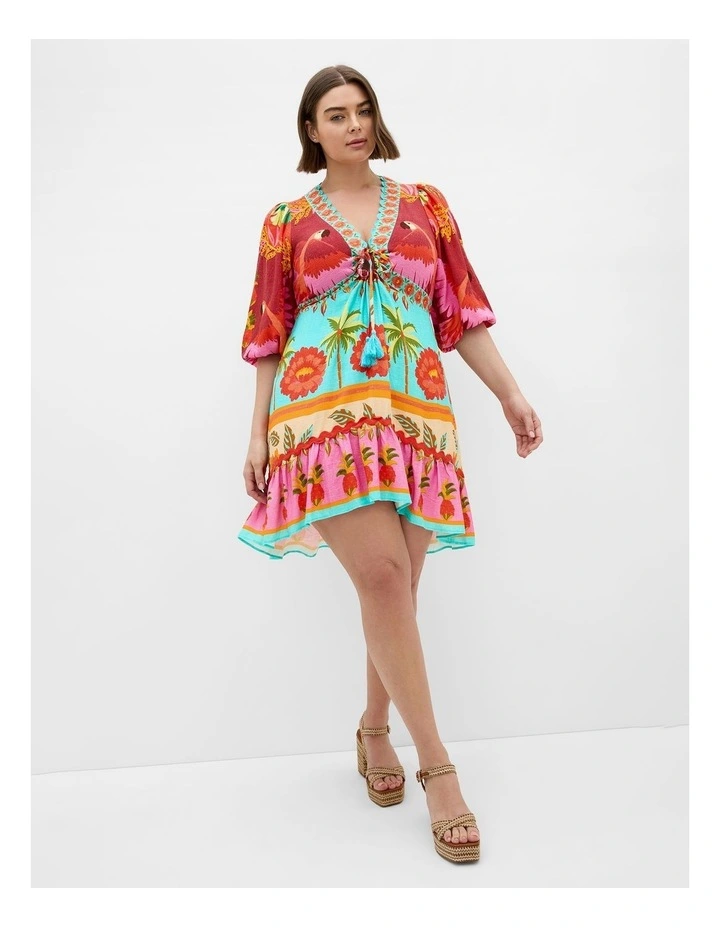 Plus Size Cabana Print Ruffle Mini Dress in Aqua Multi image 1