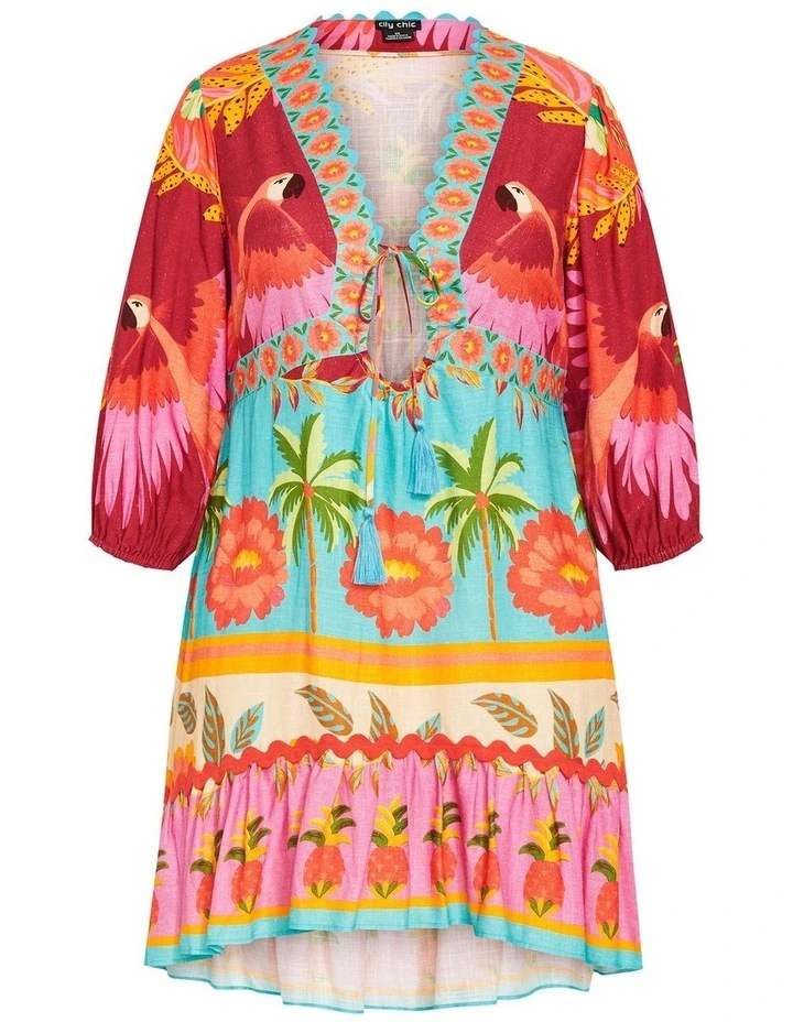 Plus Size Cabana Print Ruffle Mini Dress in Aqua Multi image 3