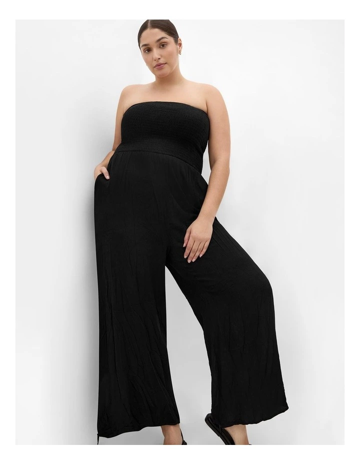 Plus Size Smocked Strapless Jumpsuit in Black image 1