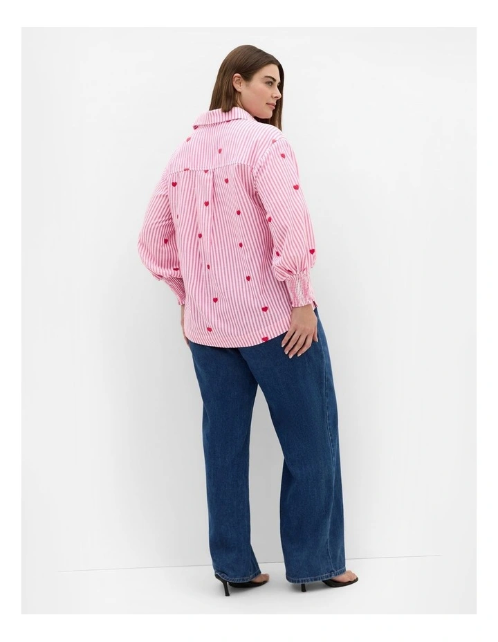Plus Size Stripe Heart Print Cotton Shirt in Pink image 2