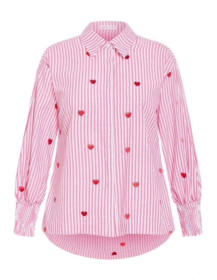 Plus Size Stripe Heart Print Cotton Shirt in Pink image 3