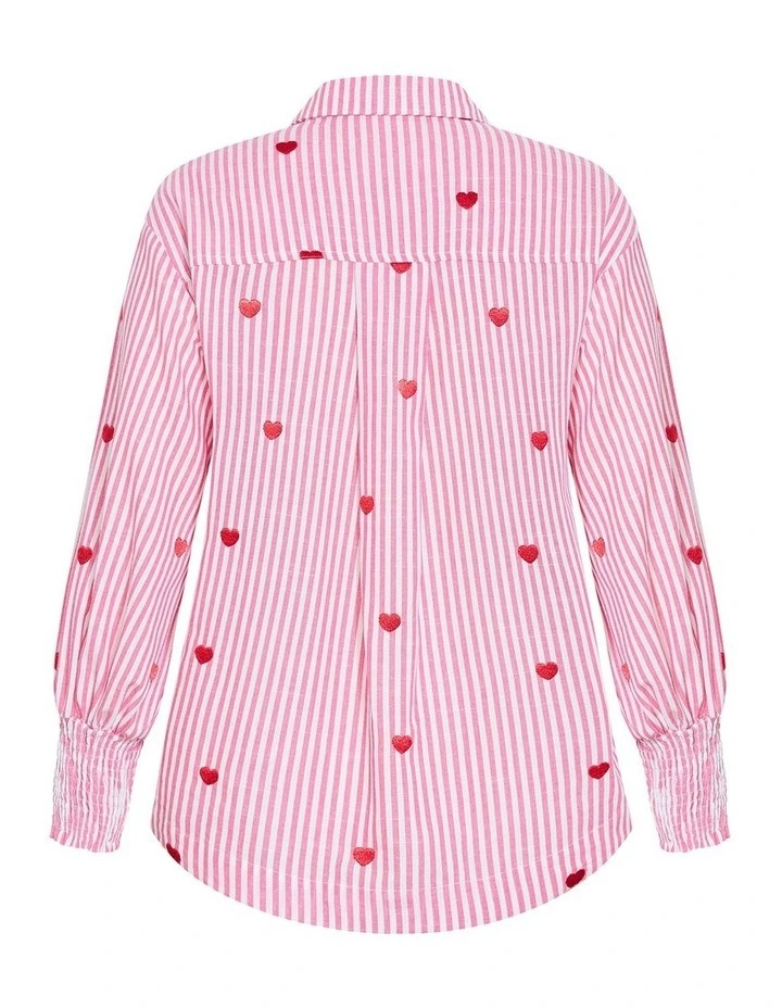 Plus Size Stripe Heart Print Cotton Shirt in Pink image 4