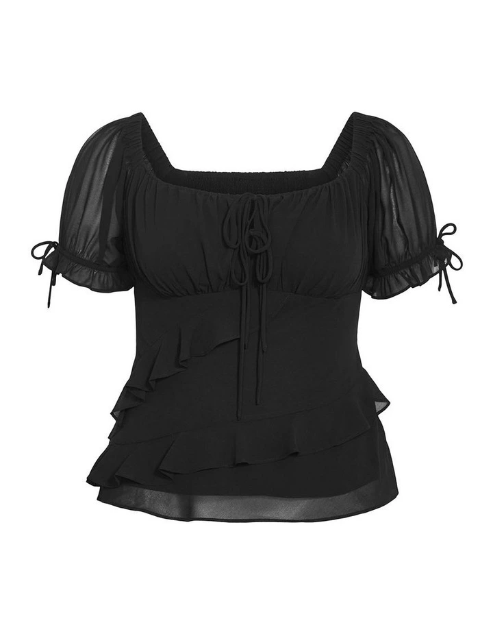 Plus Size Shayla Short Sleeve Frill Top in Black image 3