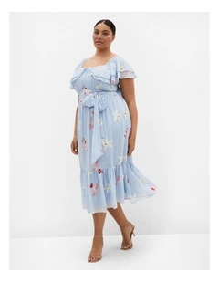 Plus Size Amelia Orchid Print Frill Dress in Light Blue