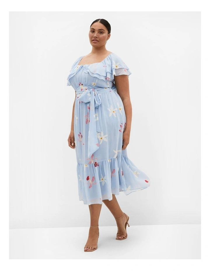 Plus Size Amelia Orchid Print Frill Dress in Light Blue image 1