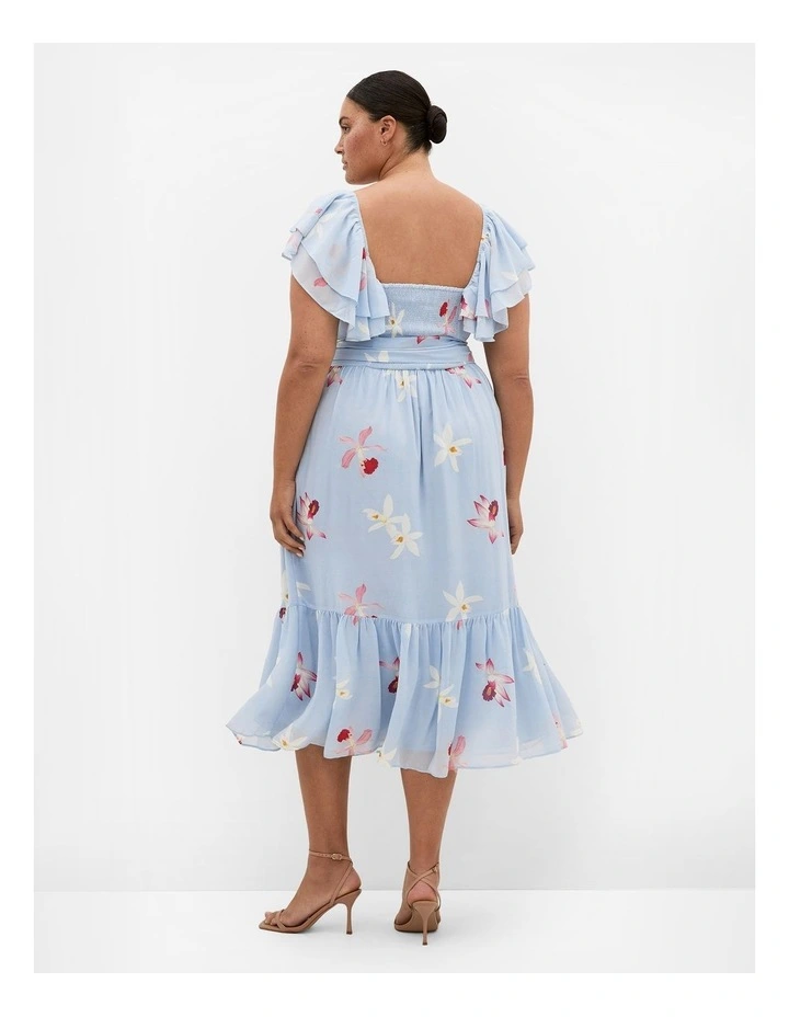 Plus Size Amelia Orchid Print Frill Dress in Light Blue image 2