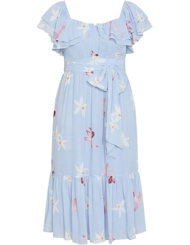 Plus Size Amelia Orchid Print Frill Dress in Light Blue image 3
