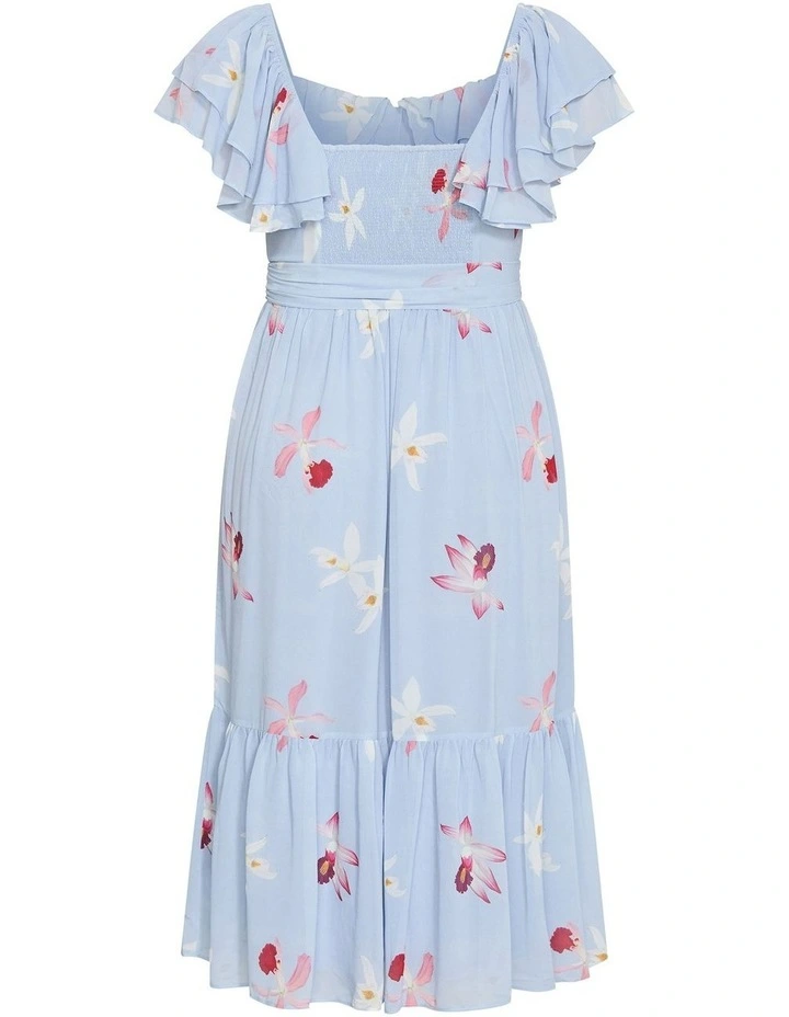 Plus Size Amelia Orchid Print Frill Dress in Light Blue image 4