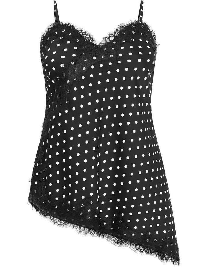 Plus Size Lace Spot Print Asymmetrical Satin Cami in Black image 4