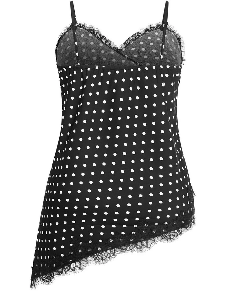 Plus Size Lace Spot Print Asymmetrical Satin Cami in Black image 5