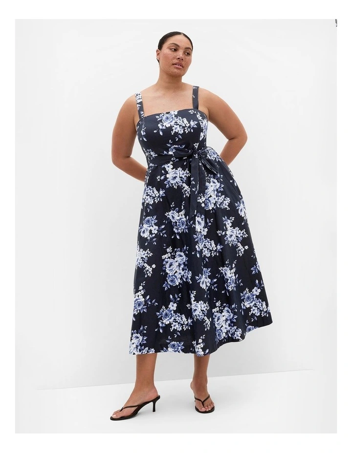 Plus Size Collins Floral Print Sleeveless Cotton Dress in Navy image 1