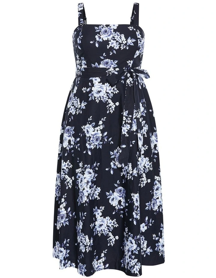 Plus Size Collins Floral Print Sleeveless Cotton Dress in Navy image 3