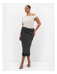 Plus Size Lace Spot Print Satin Midi Skirt in Black