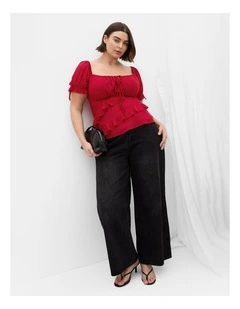 Plus Size Shayla Short Sleeve Frill Top in Love Red