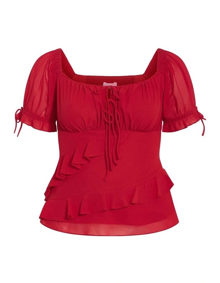 Plus Size Shayla Short Sleeve Frill Top in Love Red image 3