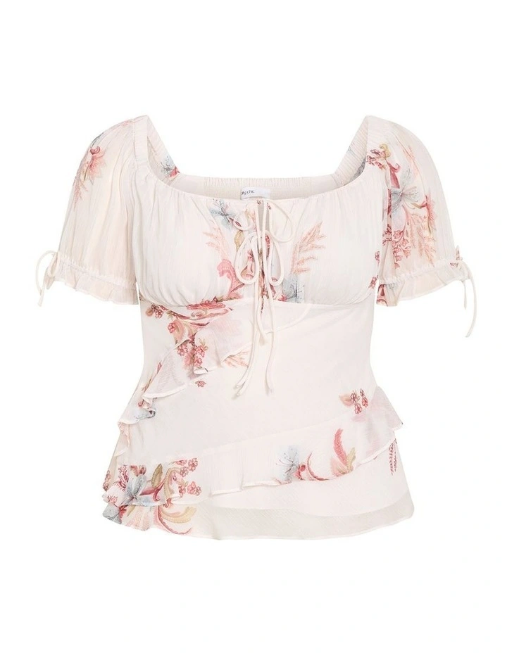 Plus Size Shayla Floral Print Short Sleeve Frill Top in Cream image 3