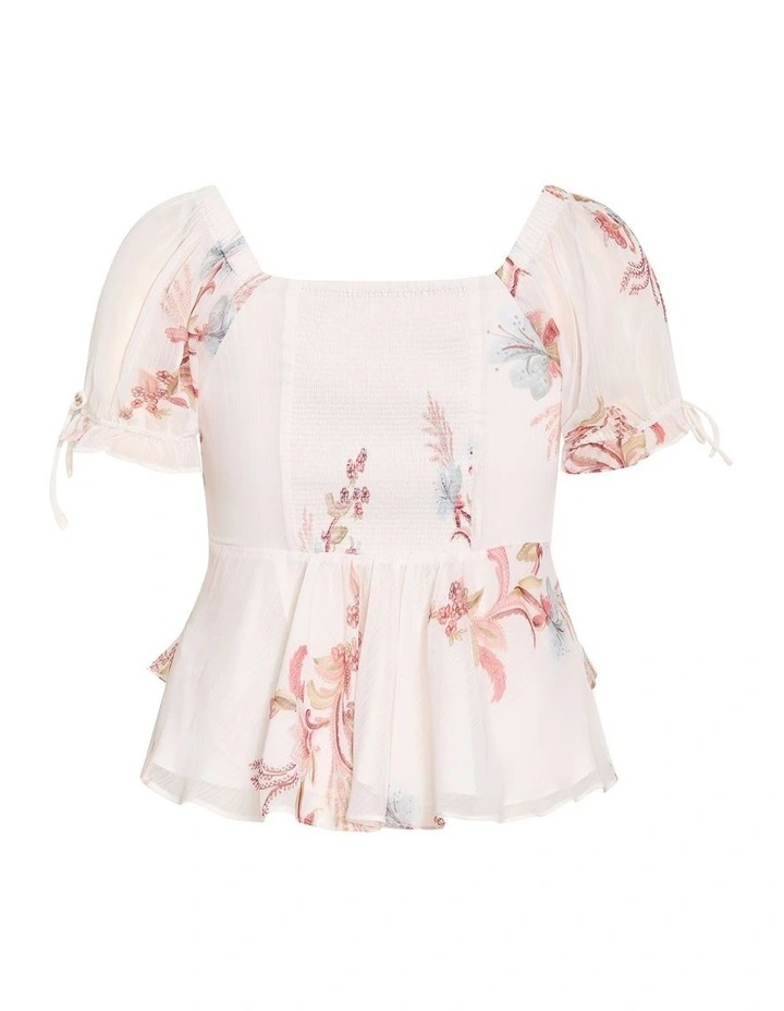 Plus Size Shayla Floral Print Short Sleeve Frill Top in Cream image 4