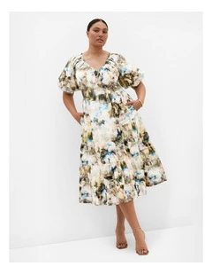 Plus Size Fantasy Ballroom Print V Neck Dress in Ivory Multi