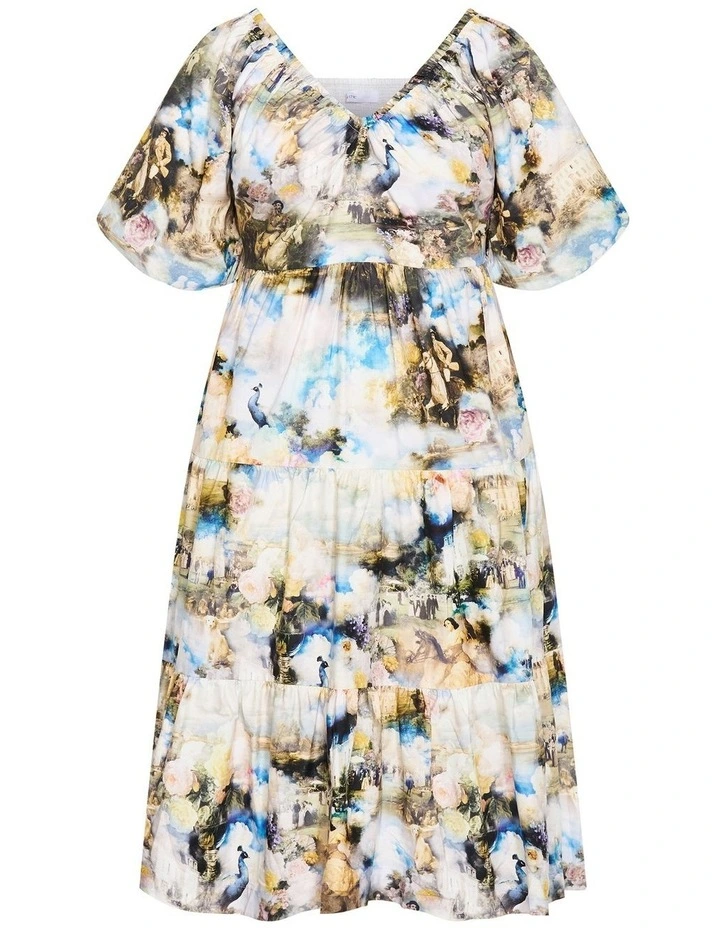 Plus Size Fantasy Ballroom Print V Neck Dress in Ivory Multi image 3