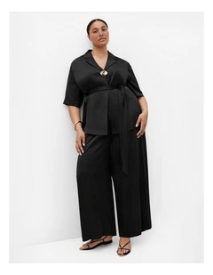 Plus Size Helena Waist Tie Satin Shirt in Black