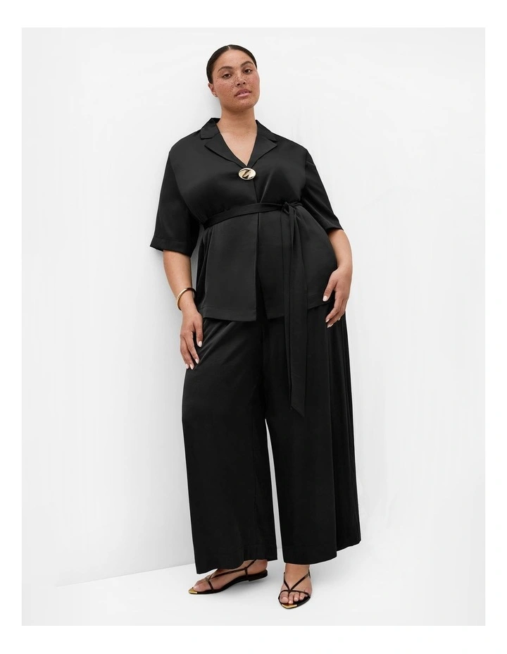 Plus Size Helena Waist Tie Satin Shirt in Black image 1