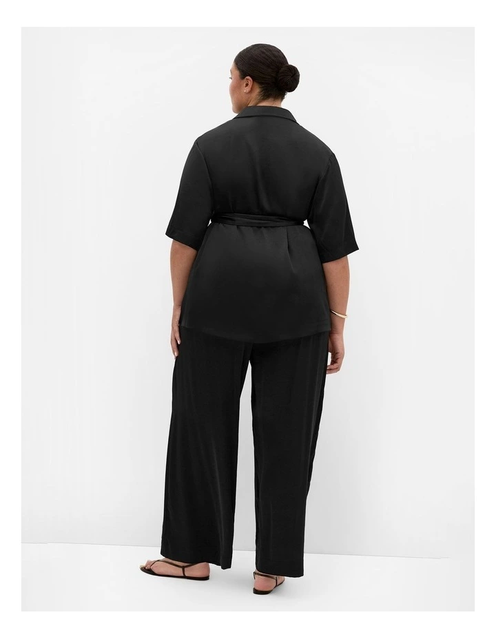Plus Size Helena Waist Tie Satin Shirt in Black image 2