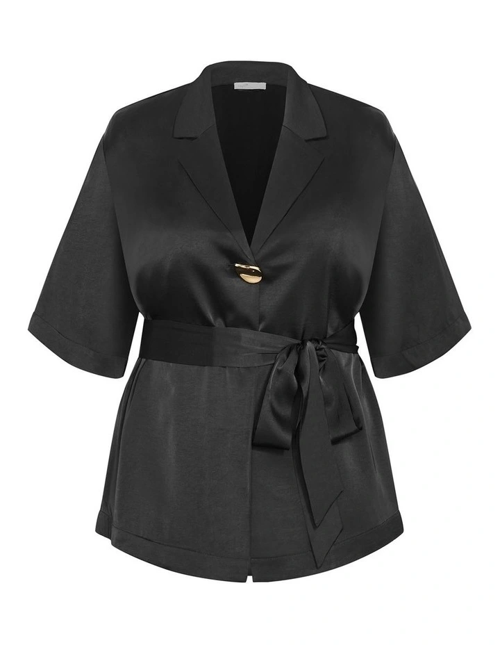 Plus Size Helena Waist Tie Satin Shirt in Black image 3
