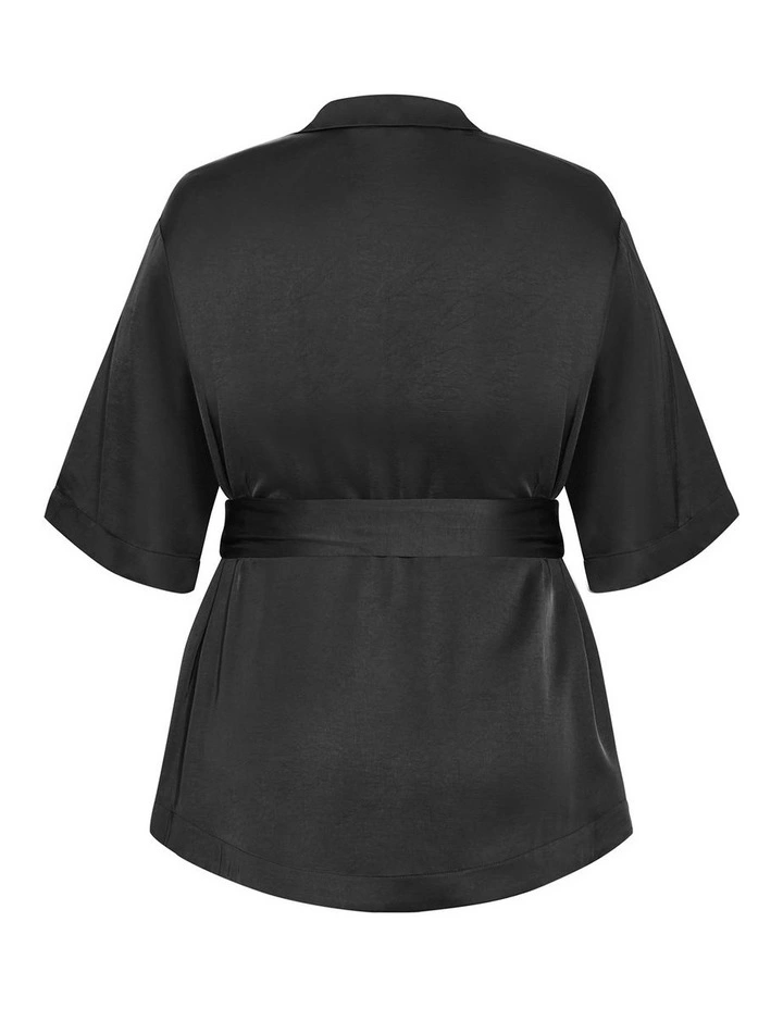 Plus Size Helena Waist Tie Satin Shirt in Black image 4