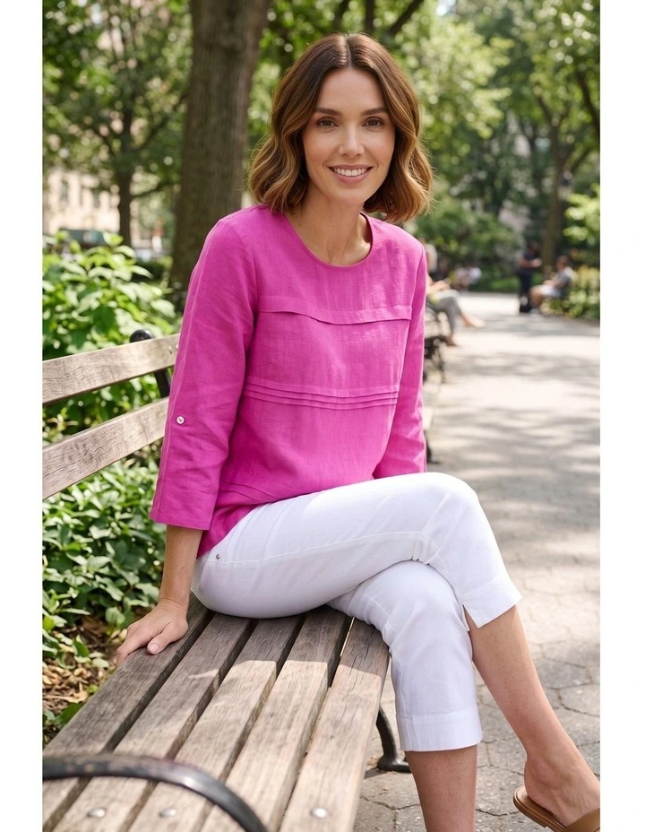 Linen top 3/4 sleeve in Fuchsia image 3