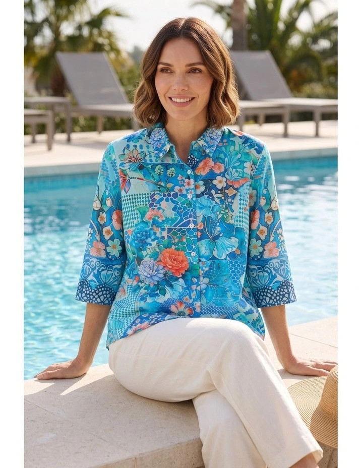 Ursula 3/4 sleeve shirt in Blue image 3