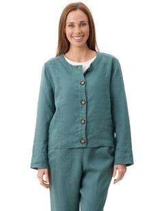 Linen buttoninthrough jacket in Forest