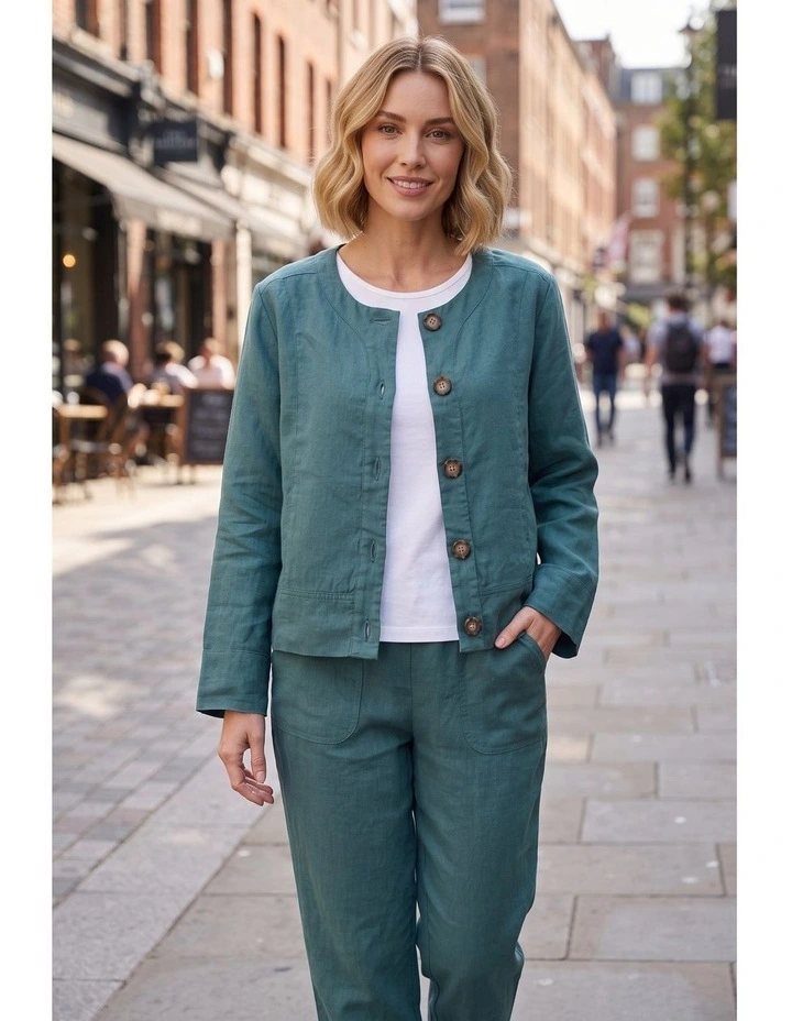 Linen buttoninthrough jacket in Forest image 3