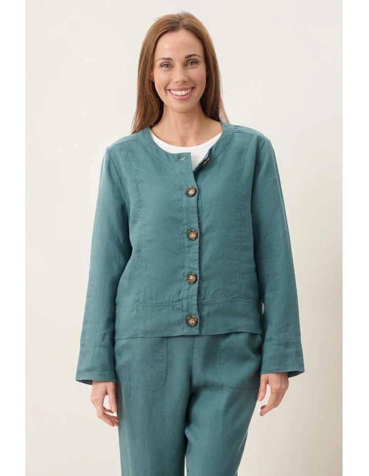 Linen buttoninthrough jacket in Forest image 4