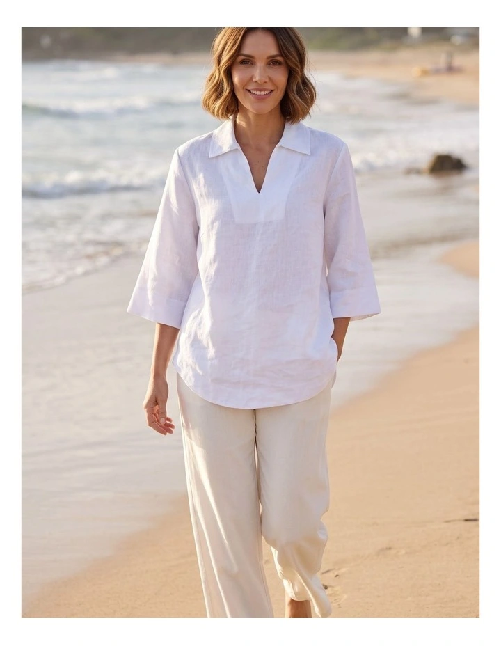 100% Linen popover shirt in White image 3