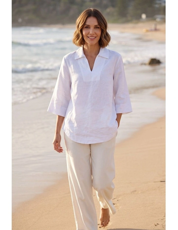 100% Linen popover shirt in White image 4