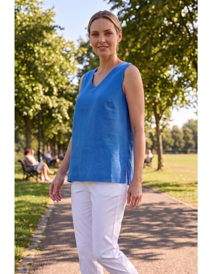Linen shell top Vinneck in White image 6