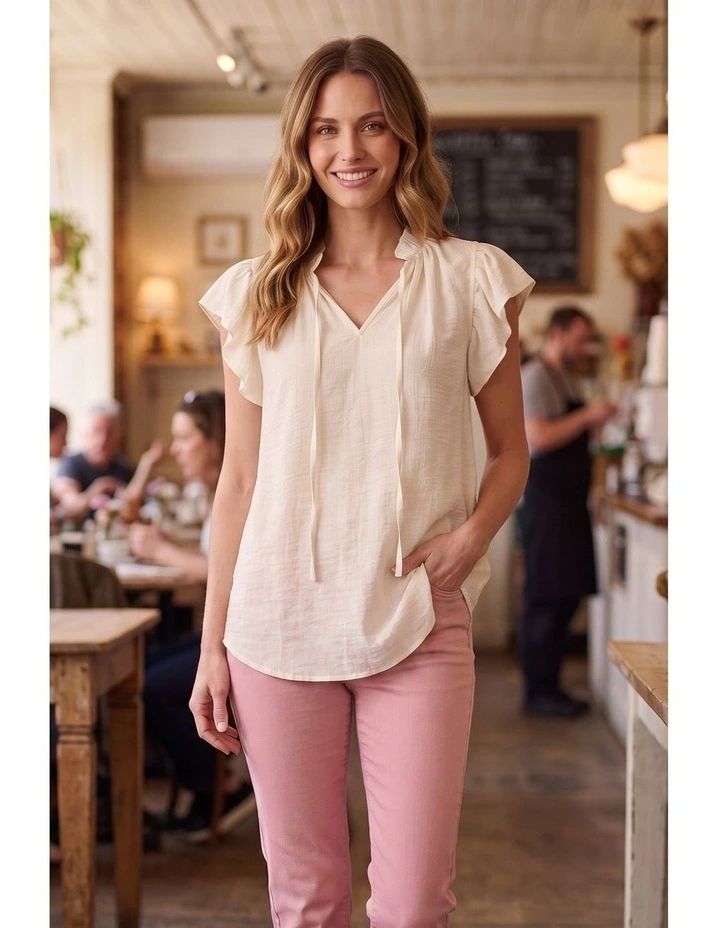 Flounce sleeve top in Ivory image 3
