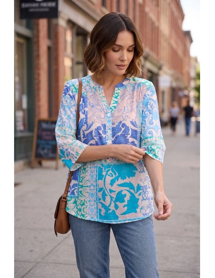 Quin 3/4 sleeve shirt in Blue image 3