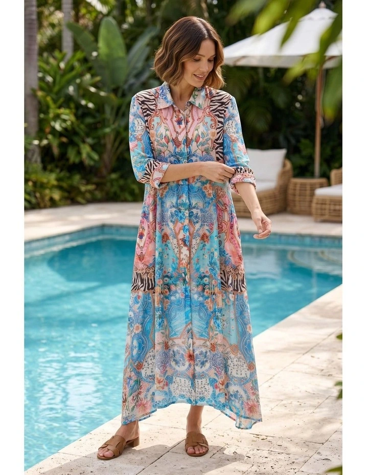 Frida collared print dress in Blue image 3