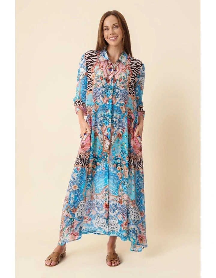Frida collared print dress in Blue image 4