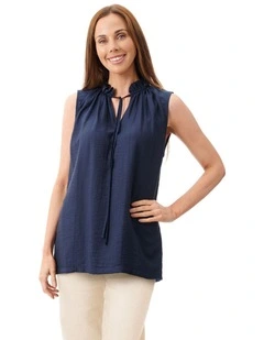 Frill neck sleeveless top in Navy