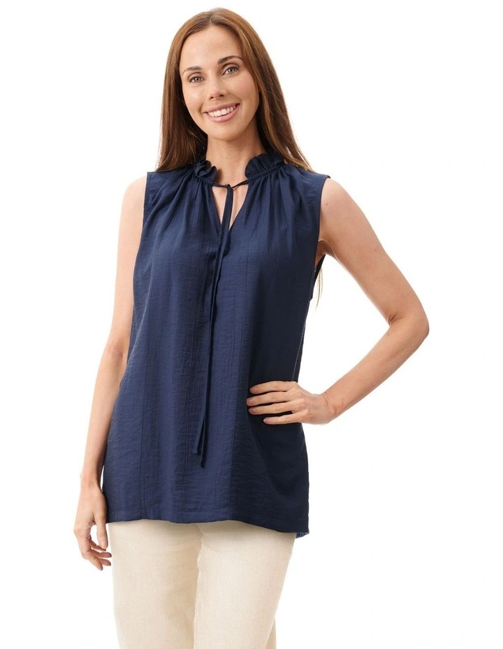 Frill neck sleeveless top in Navy image 1