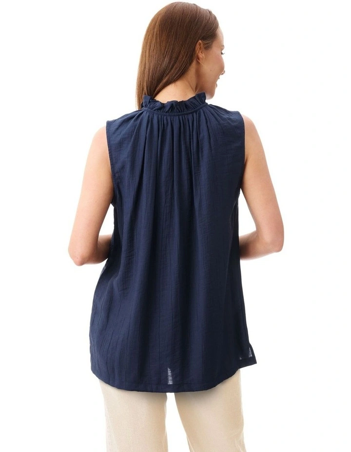 Frill neck sleeveless top in Navy image 2
