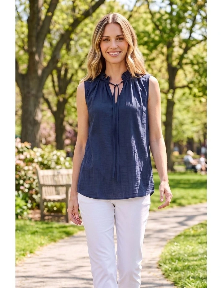 Frill neck sleeveless top in Navy image 3