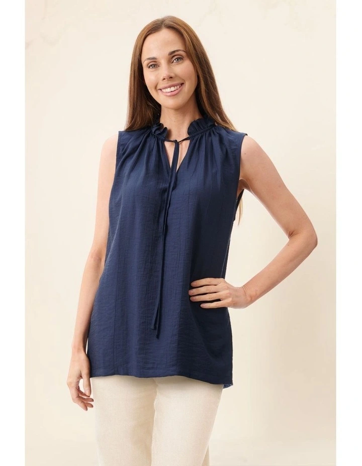 Frill neck sleeveless top in Navy image 4